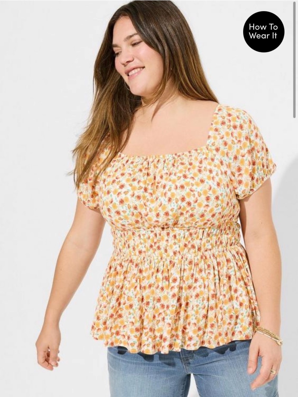 Torrid. Size 2X. Floral Puff-Sleeve Peplum Top - White with Orange Floral